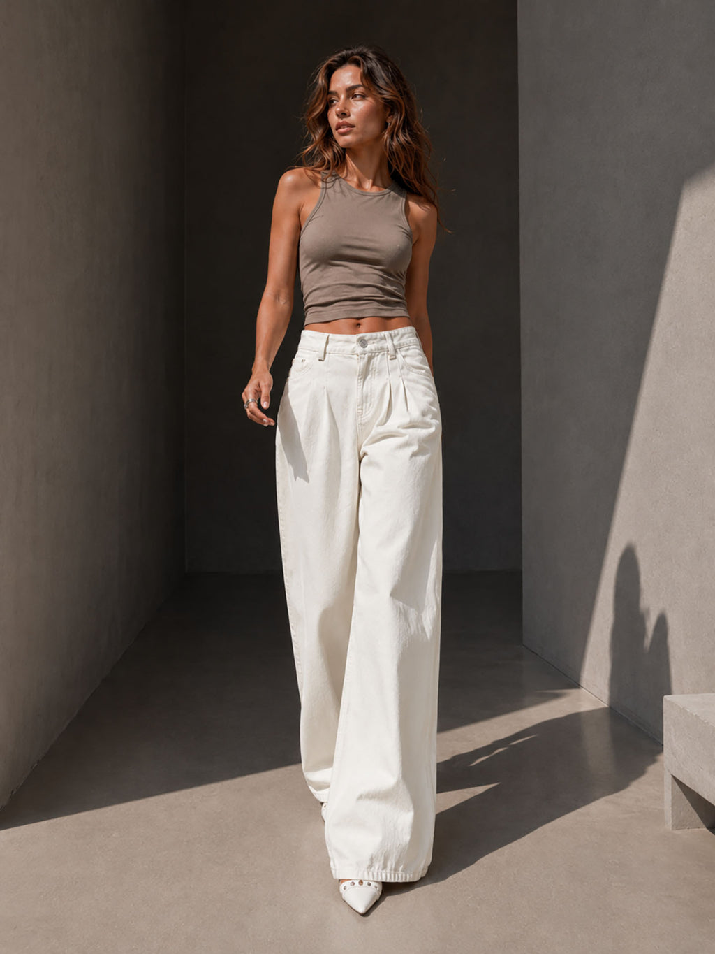 Off White Pleated Wide Leg Jeans