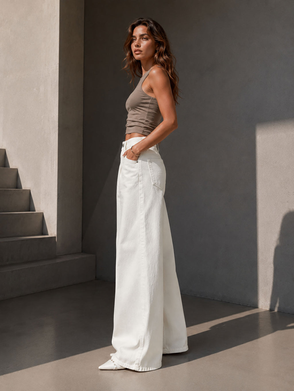 Off White Pleated Wide Leg Jeans