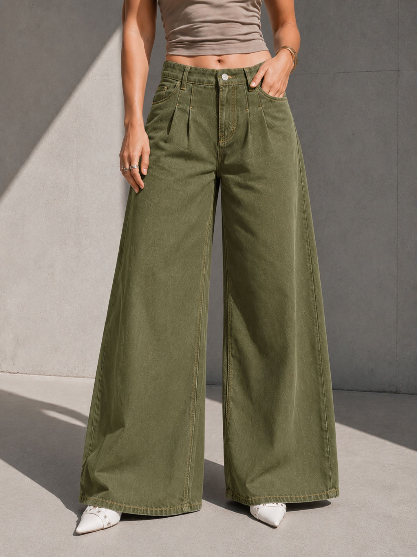 Olive Pleated Wide Leg Jeans
