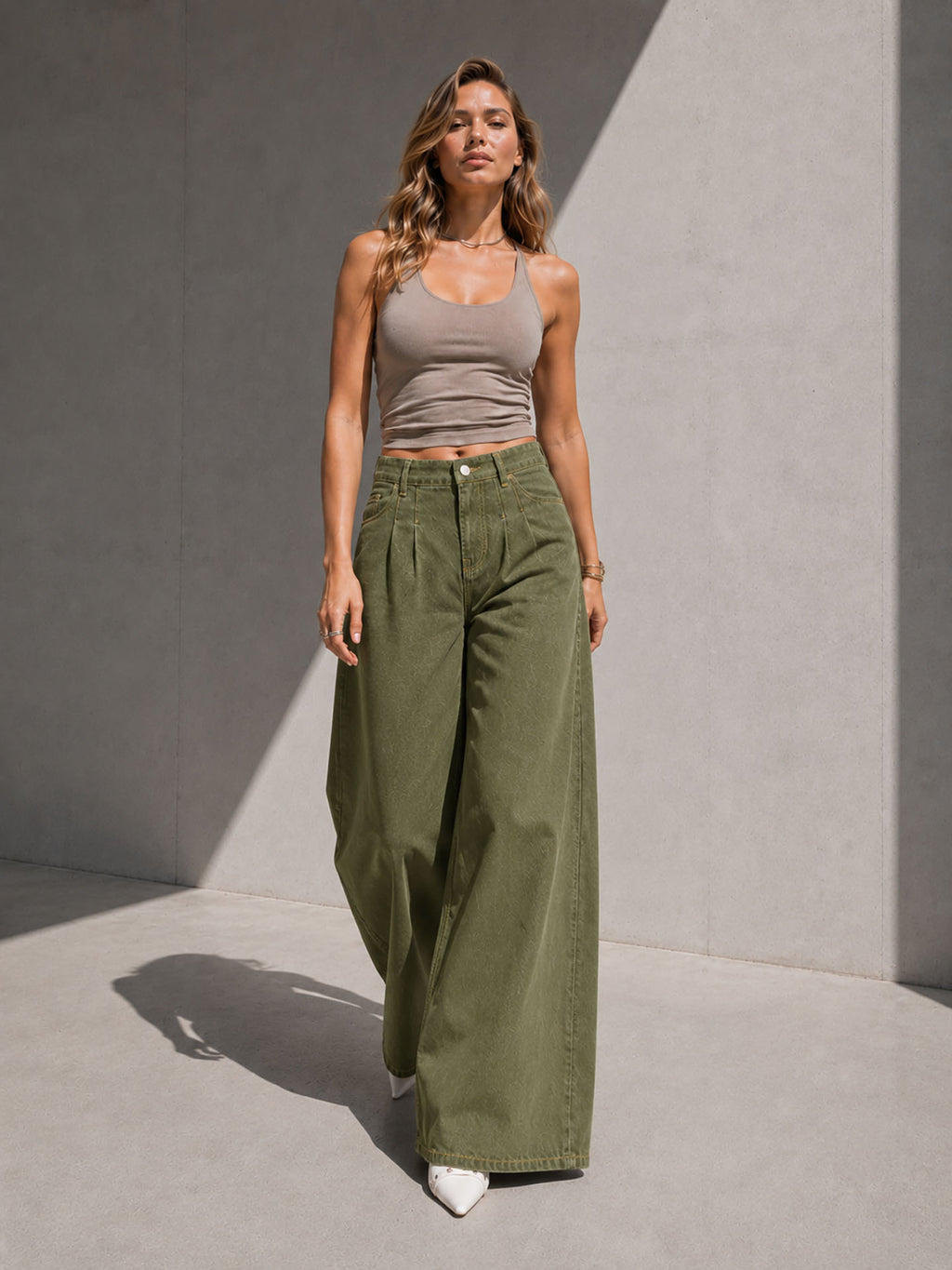Olive Pleated Wide Leg Jeans