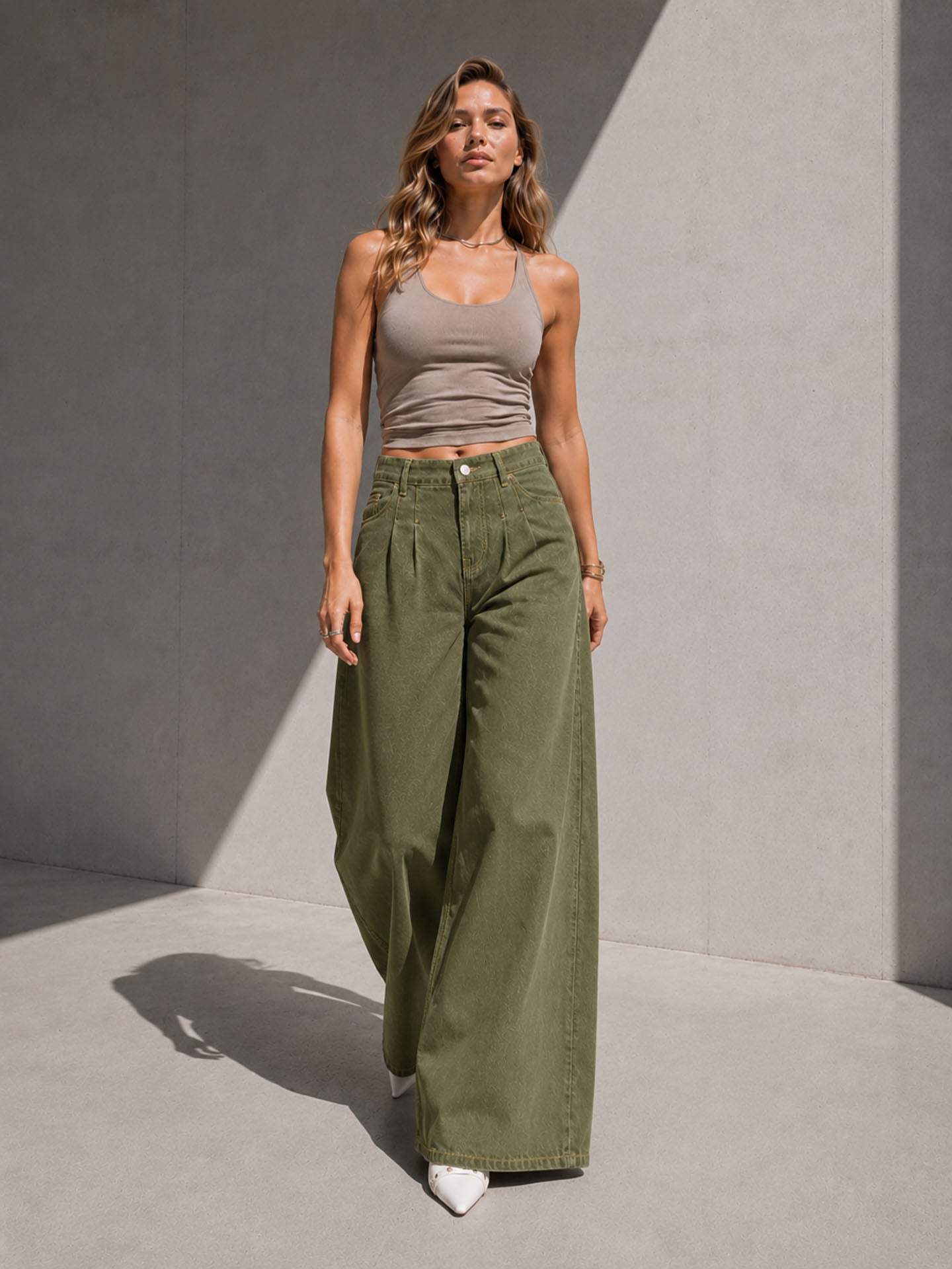 Olive Pleated Wide Leg Jeans
