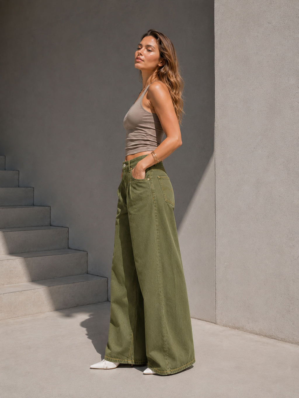 Olive Pleated Wide Leg Jeans