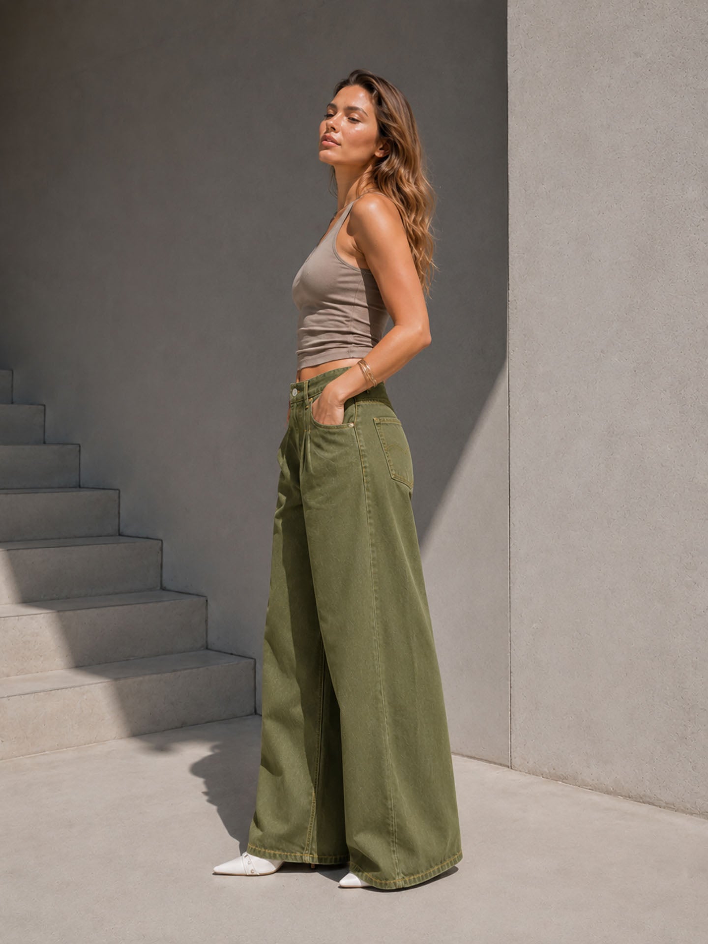 Olive Pleated Wide Leg Jeans
