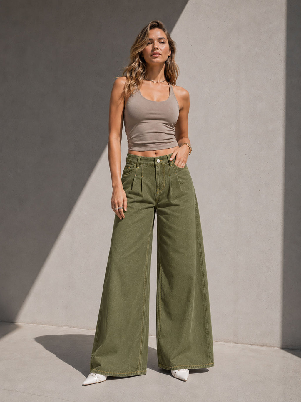 Olive Pleated Wide Leg Jeans