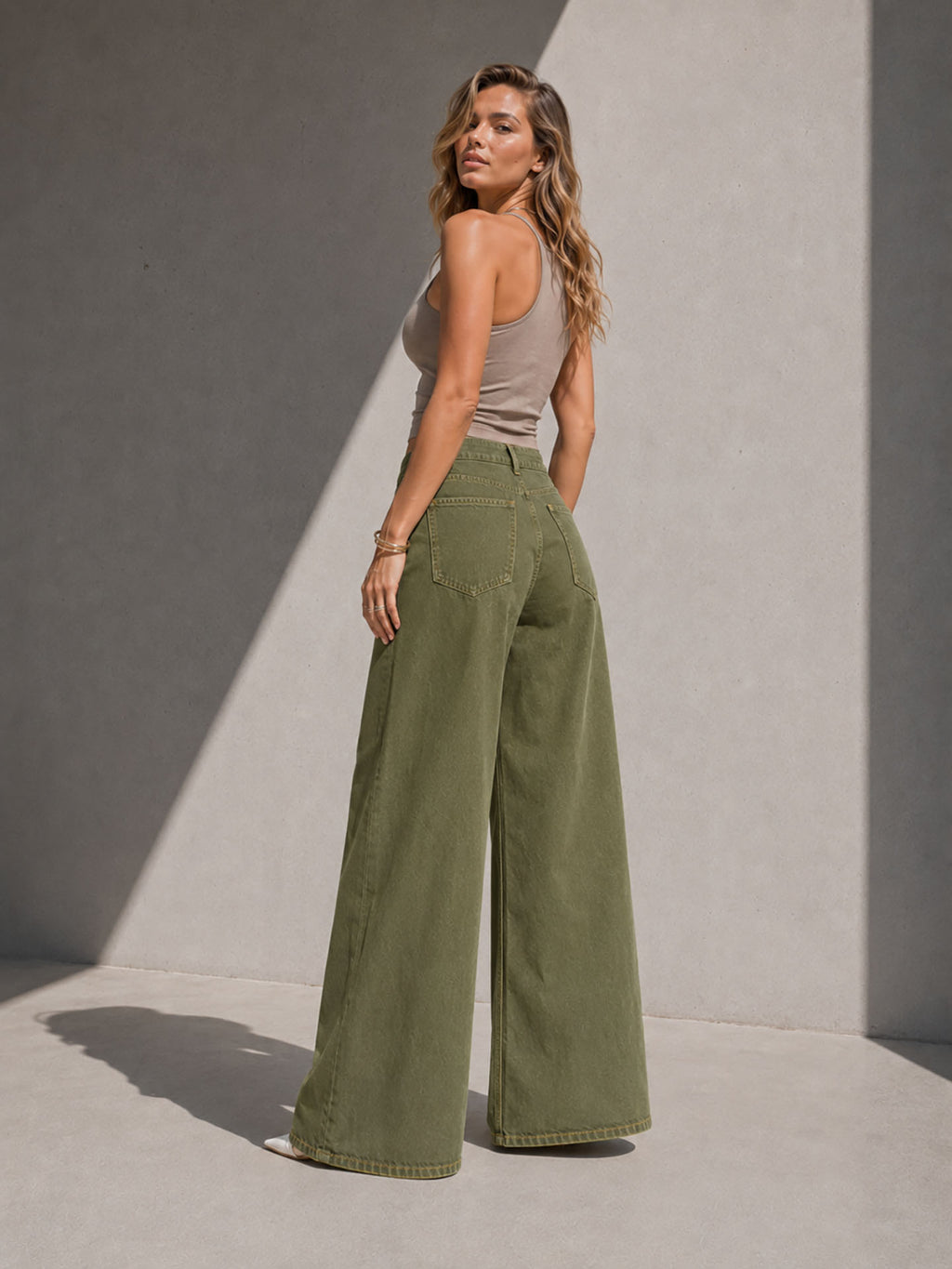Olive Pleated Wide Leg Jeans