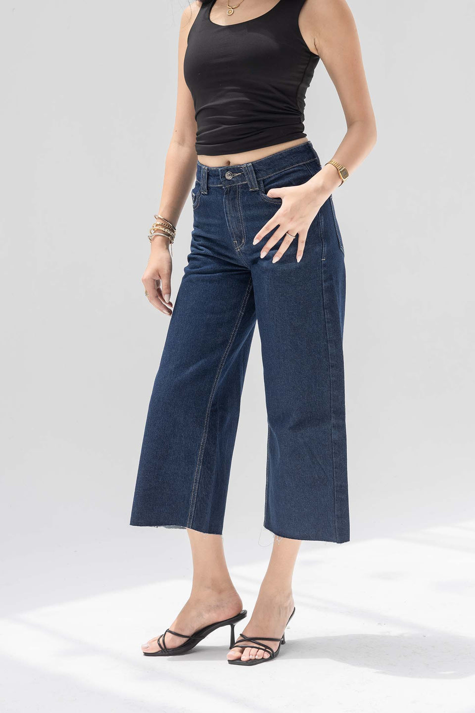 Navy Cropped Wide-Leg Jeans with Frayed Hem