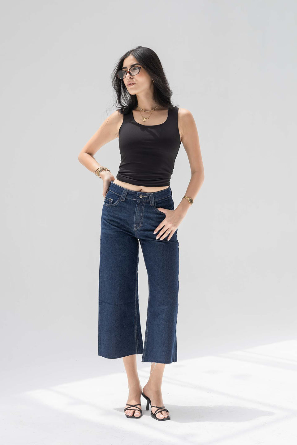 Navy Cropped Wide-Leg Jeans with Frayed Hem