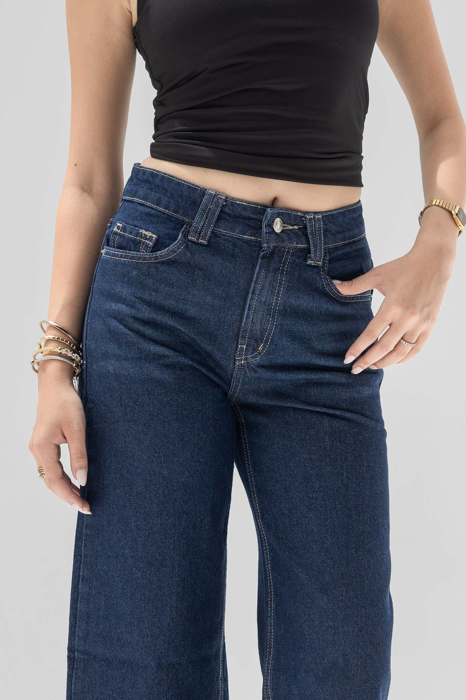 Navy Cropped Wide-Leg Jeans with Frayed Hem