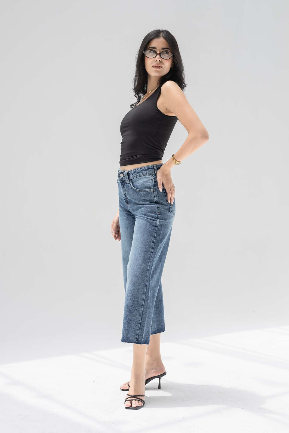 Stone Blue Cropped Wide-Leg Jeans with Frayed Hem