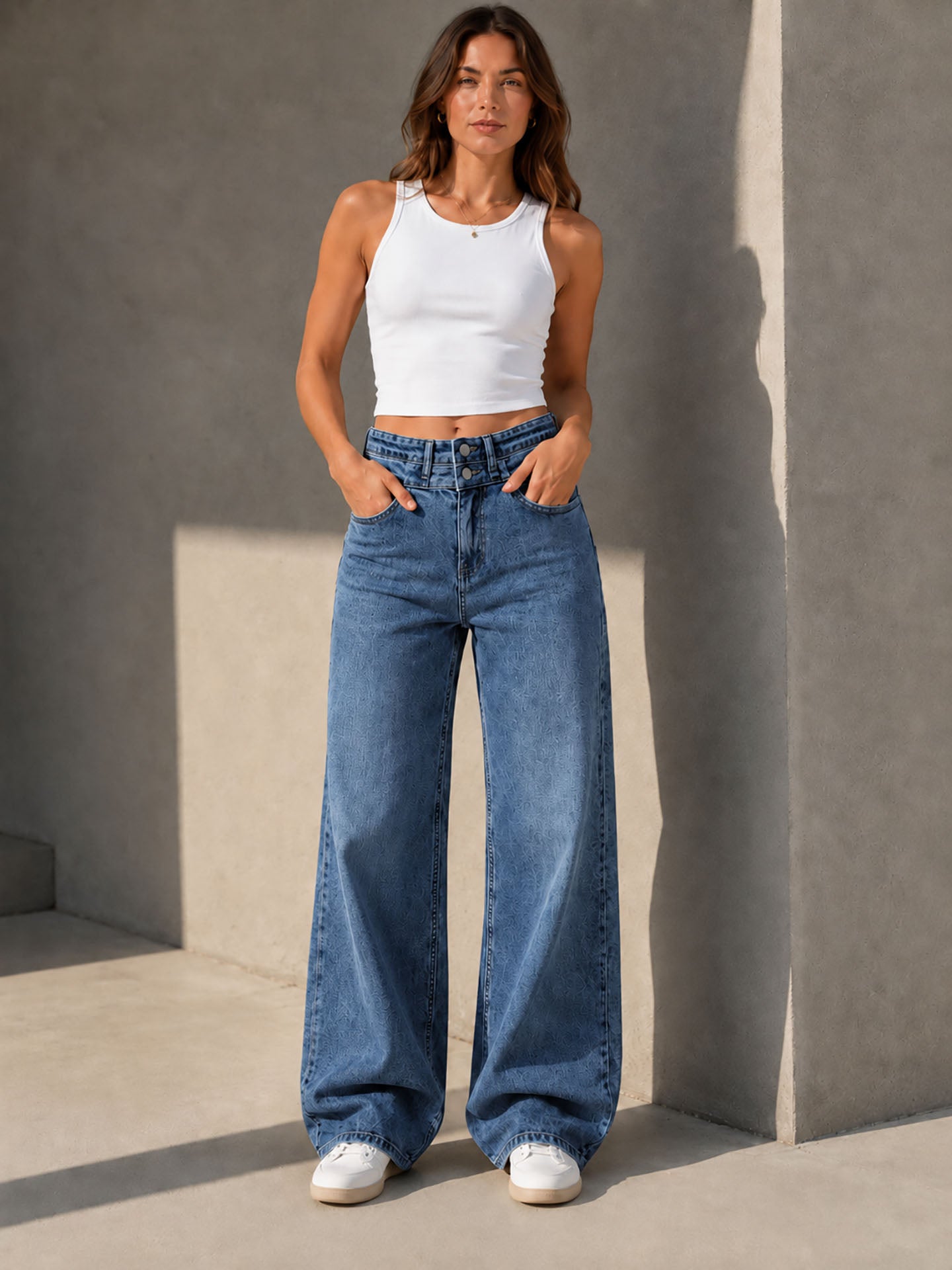 Blue Double Waist Wide Leg Jeans