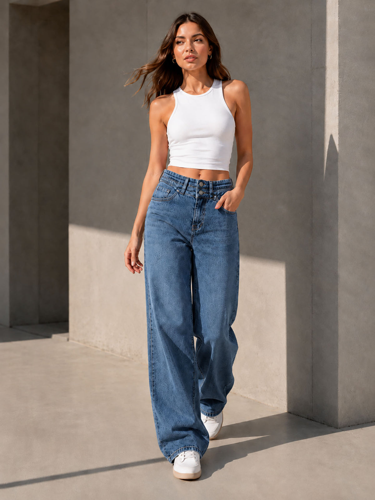 Blue Double Waist Wide Leg Jeans