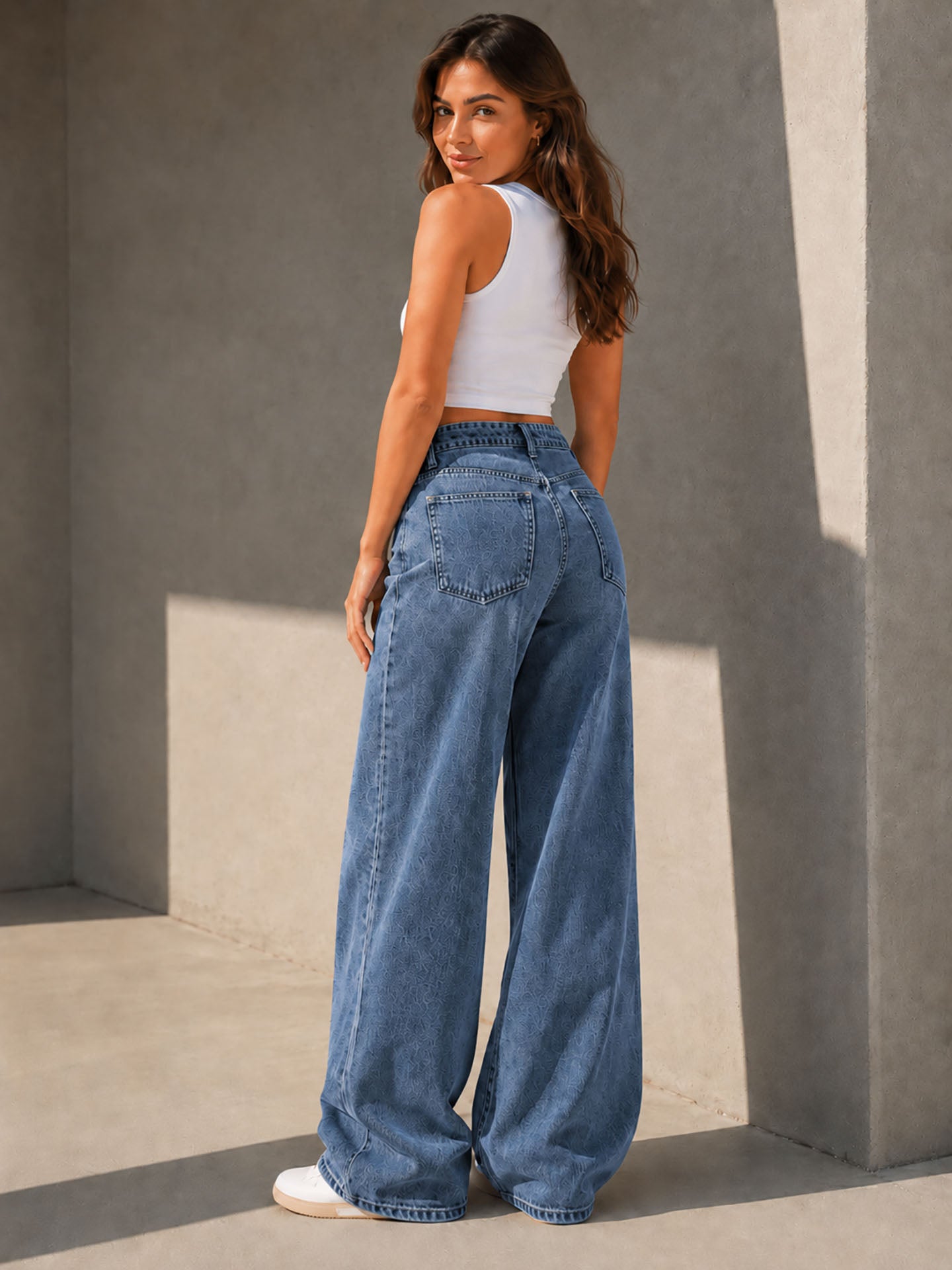 Blue Double Waist Wide Leg Jeans