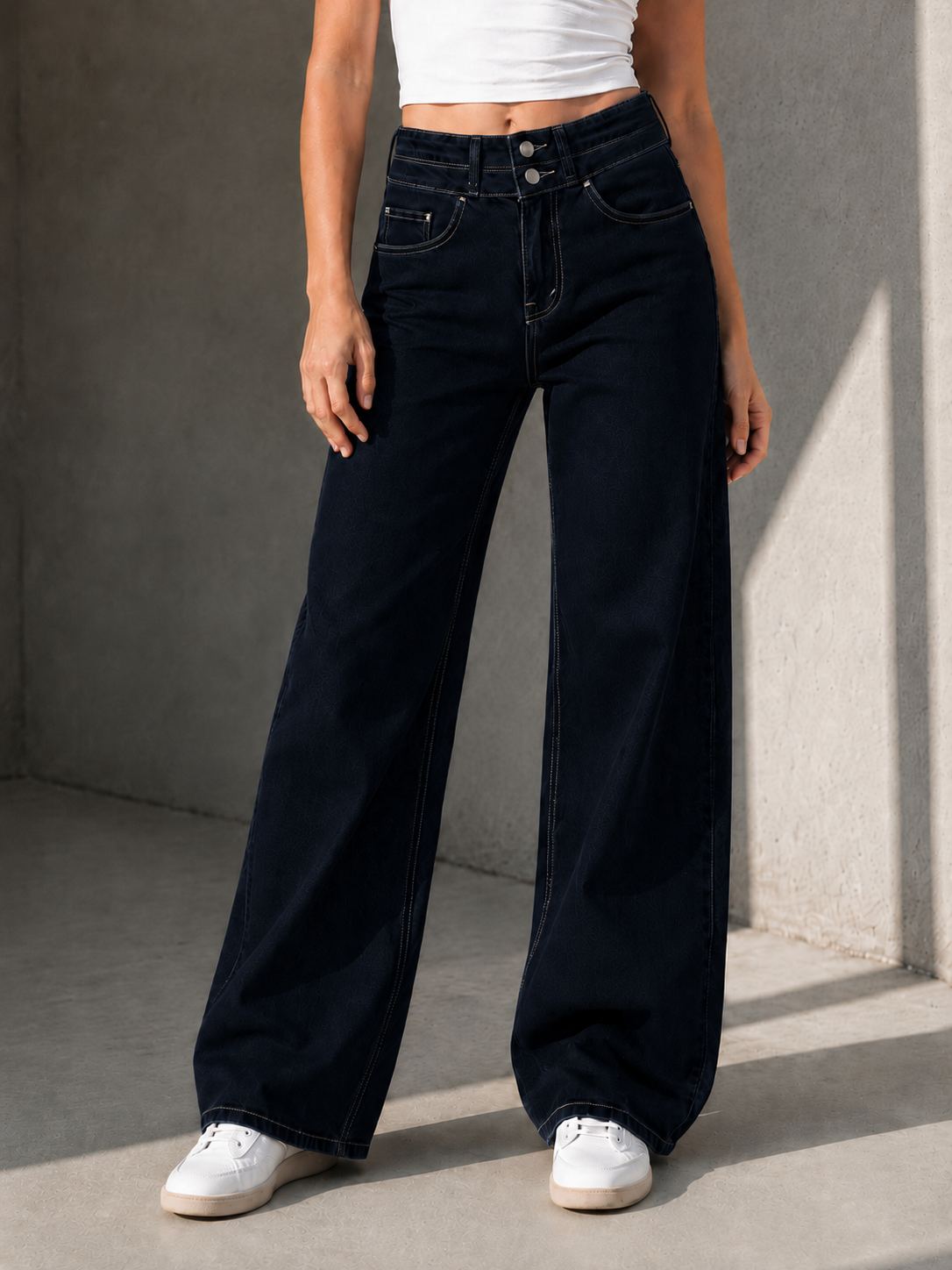 Navy Double Waist Wide Leg Jeans