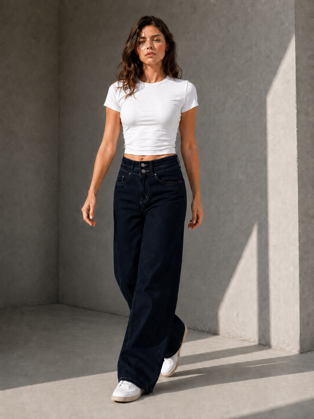 Navy Double Waist Wide Leg Jeans
