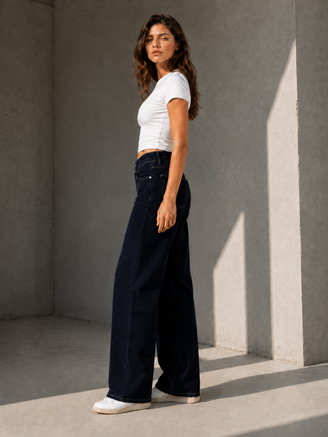 Navy Double Waist Wide Leg Jeans