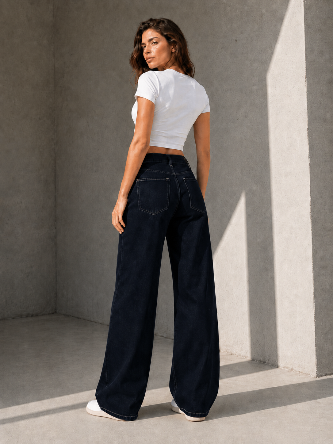 Navy Double Waist Wide Leg Jeans