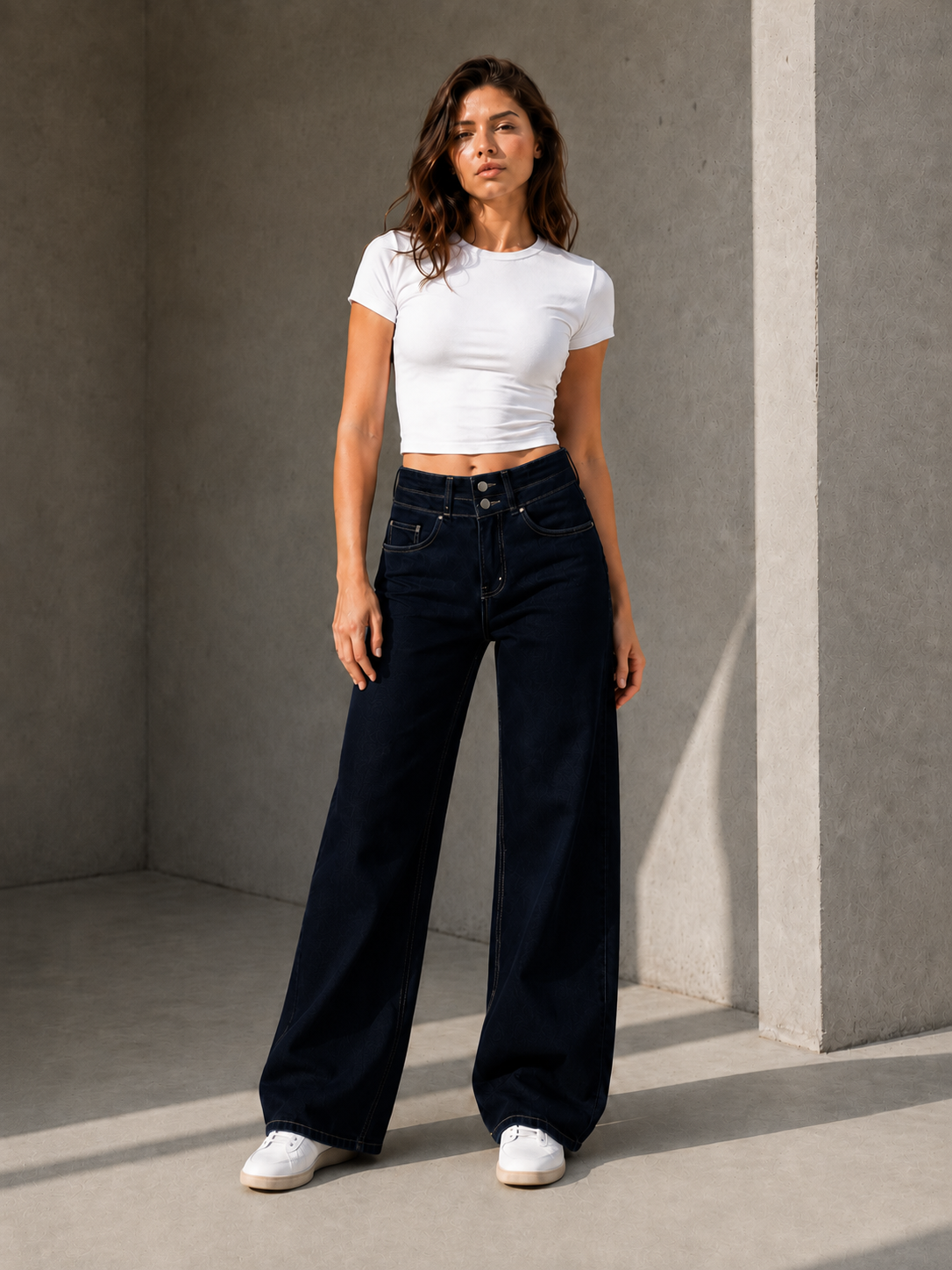 Navy Double Waist Wide Leg Jeans