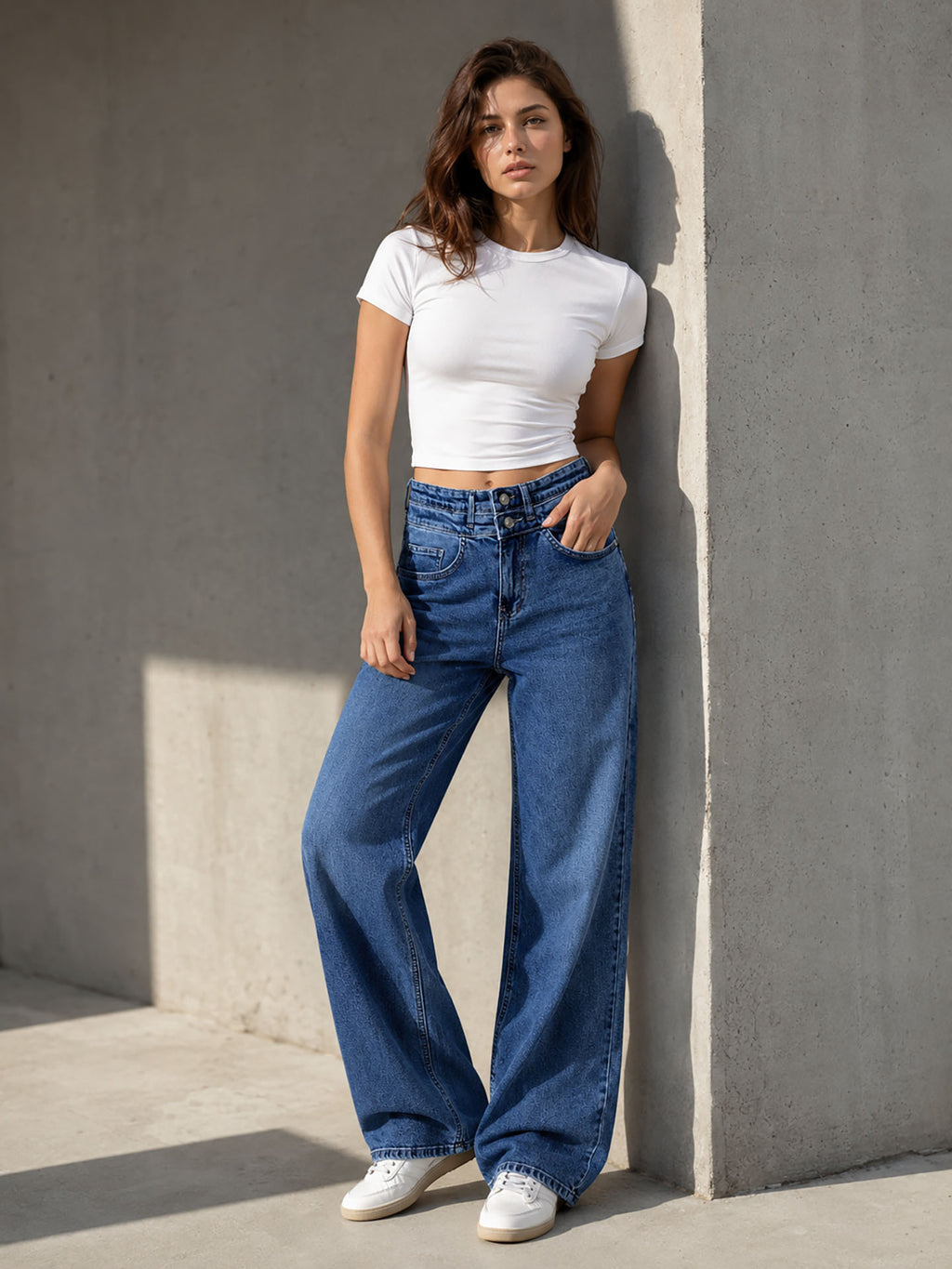 Blue Double Waist Wide Leg Jeans