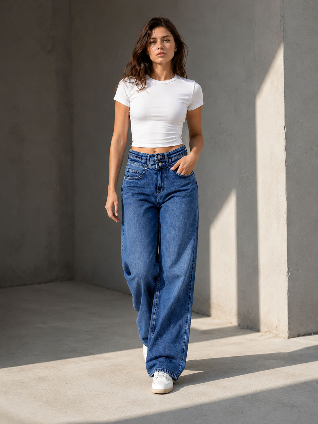 Blue Double Waist Wide Leg Jeans