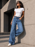 Blue Double-Button Belted Wide Leg Jeans