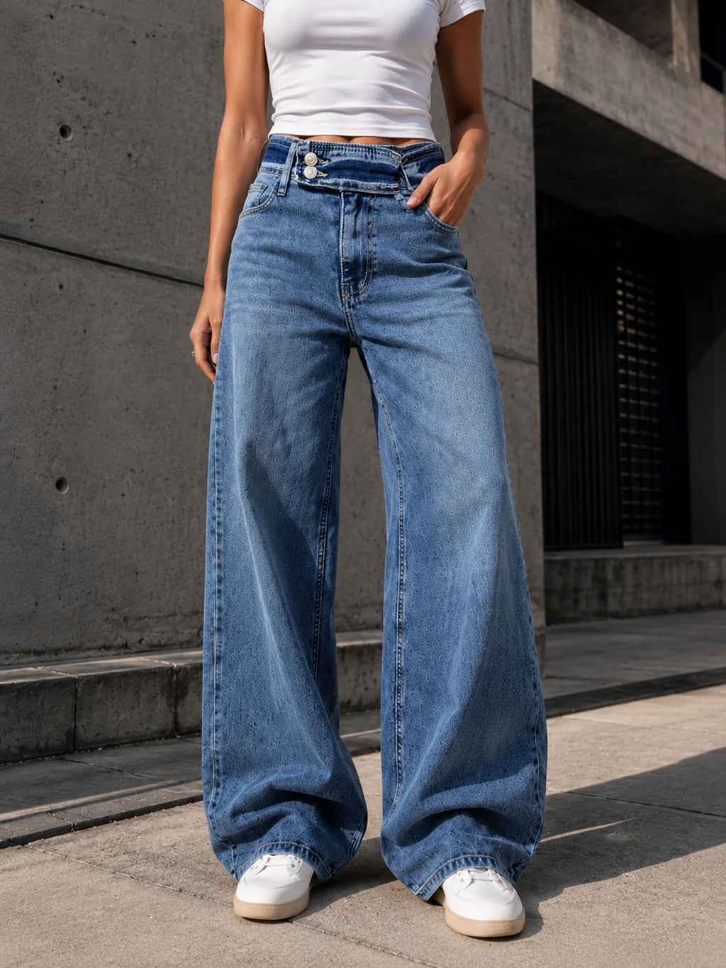 Blue Double-Button Belted Wide Leg Jeans
