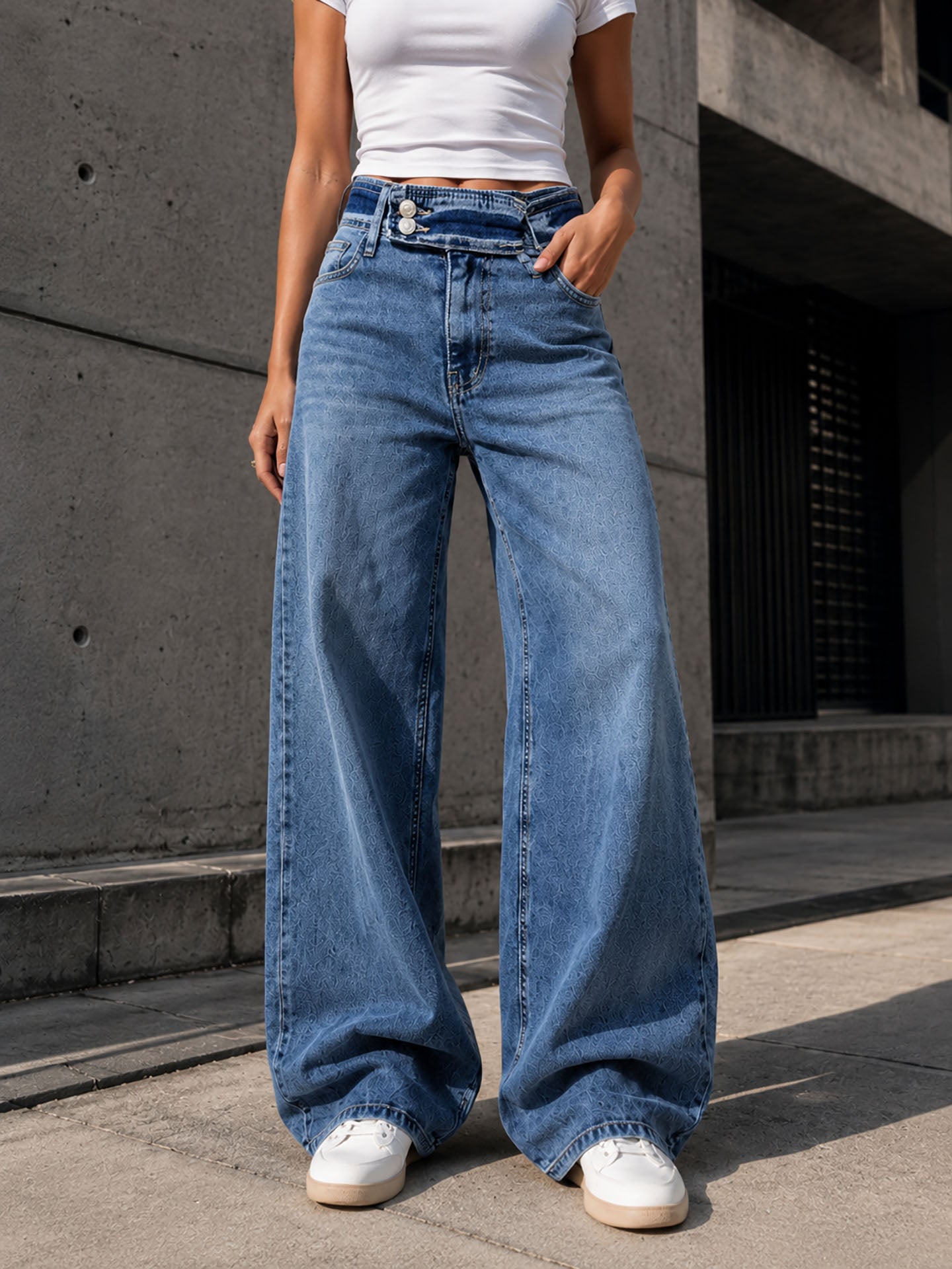 Blue Double-Button Belted Wide Leg Jeans