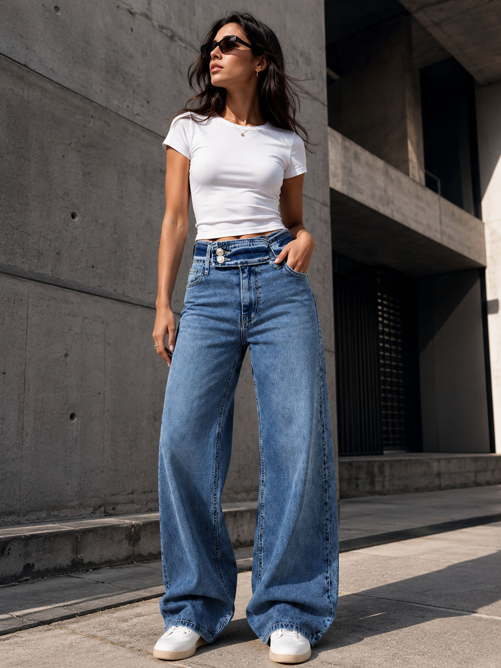 Blue Double-Button Belted Wide Leg Jeans