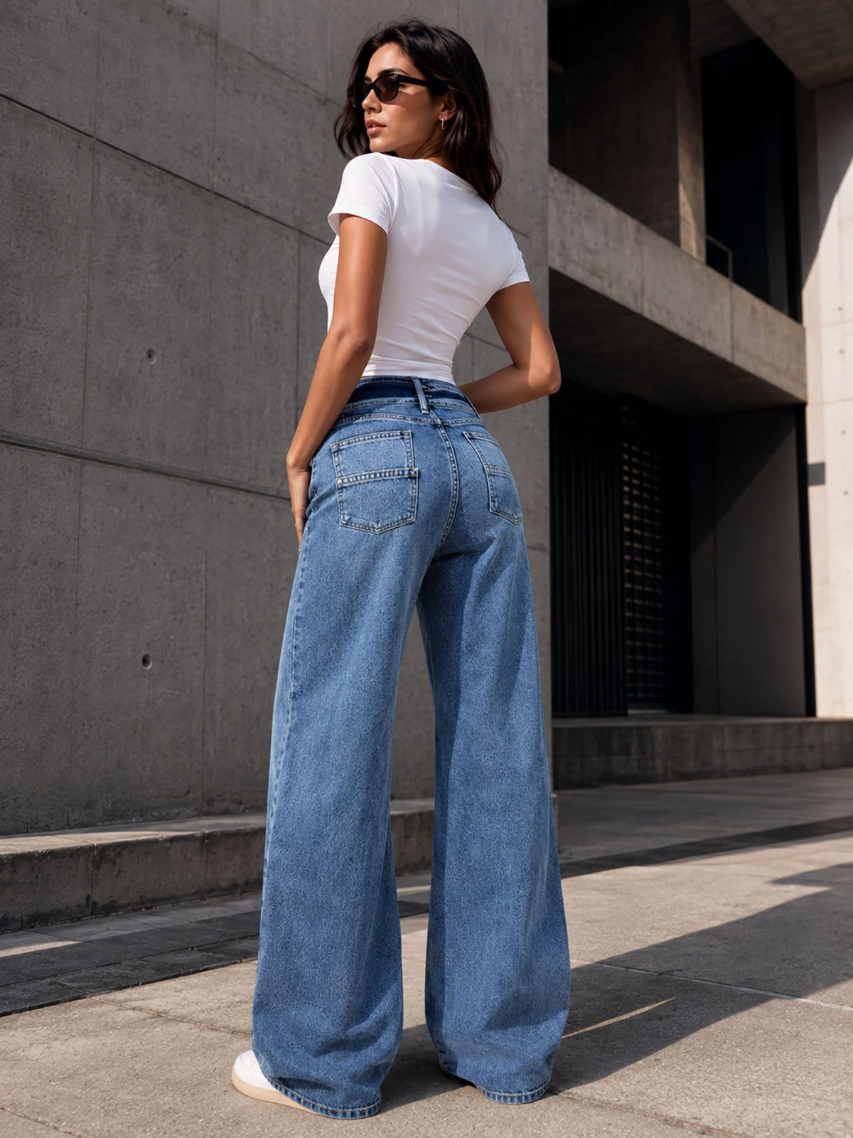 Blue Double-Button Belted Wide Leg Jeans