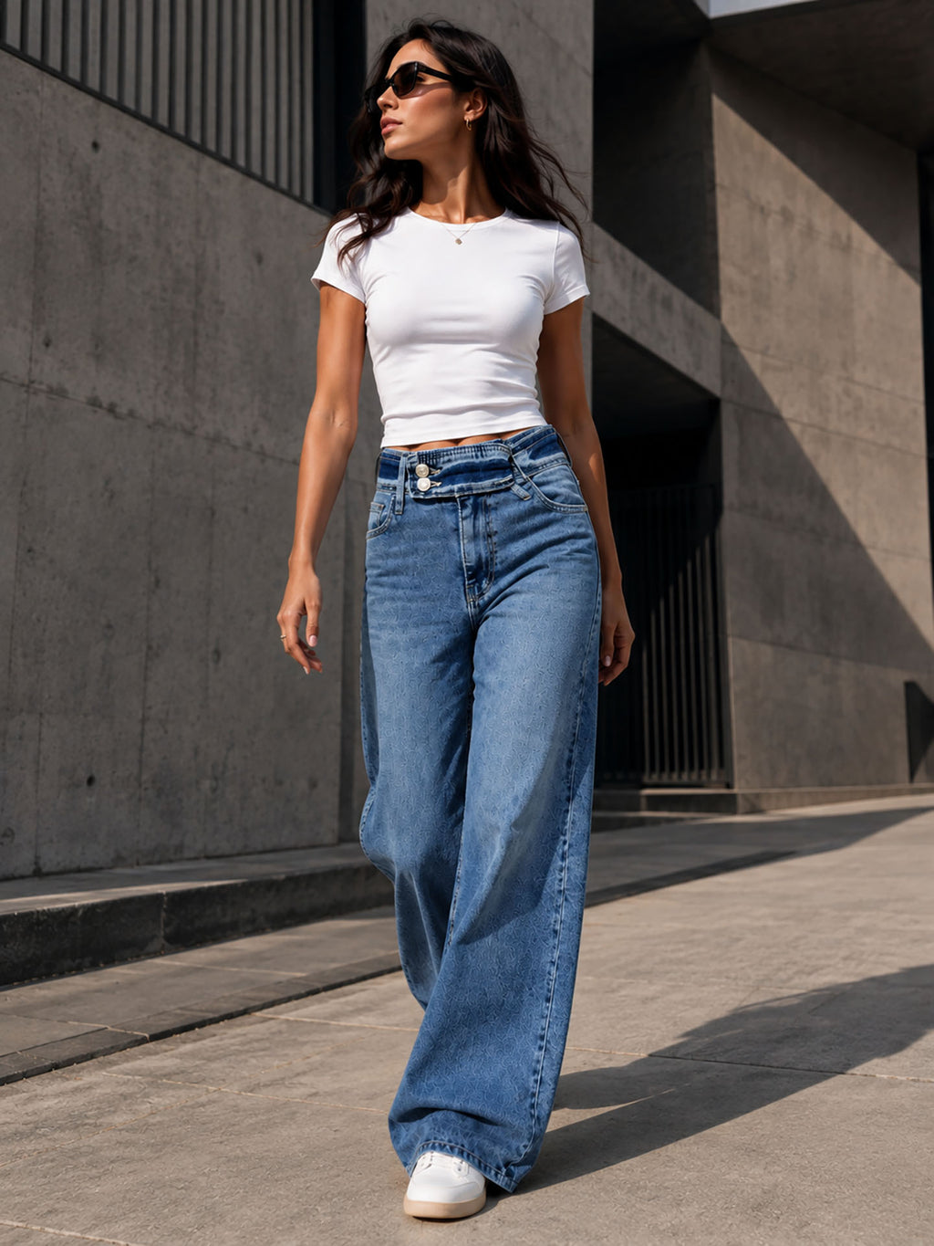 Blue Double-Button Belted Wide Leg Jeans