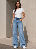 Light Blue Double-Button Belted Wide Leg Jeans