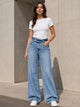 Light Blue Double-Button Belted Wide Leg Jeans