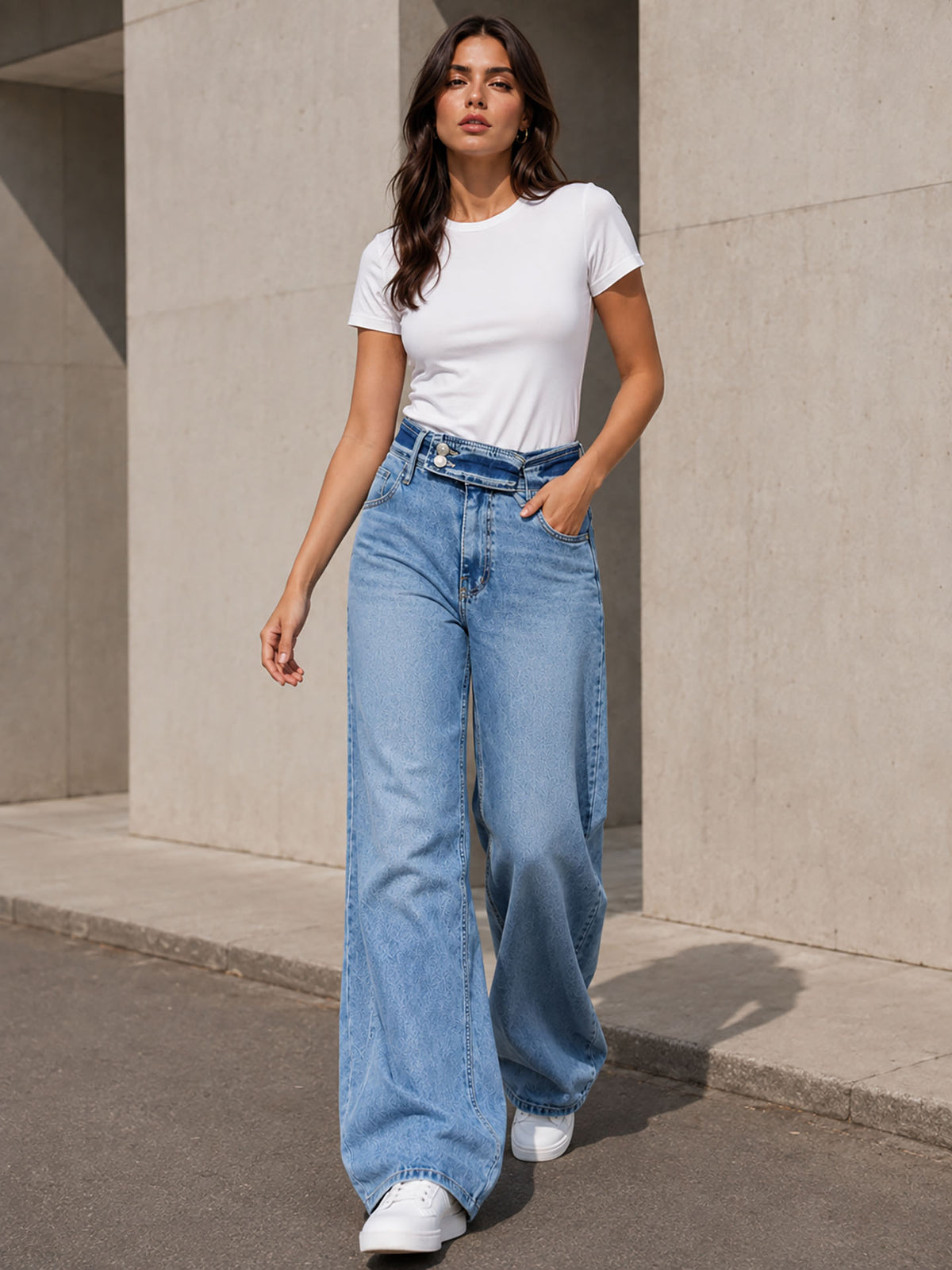 Light Blue Double-Button Belted Wide Leg Jeans