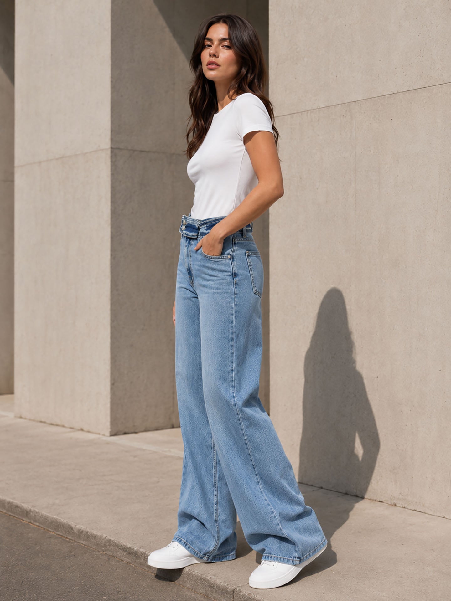 Light Blue Double-Button Belted Wide Leg Jeans