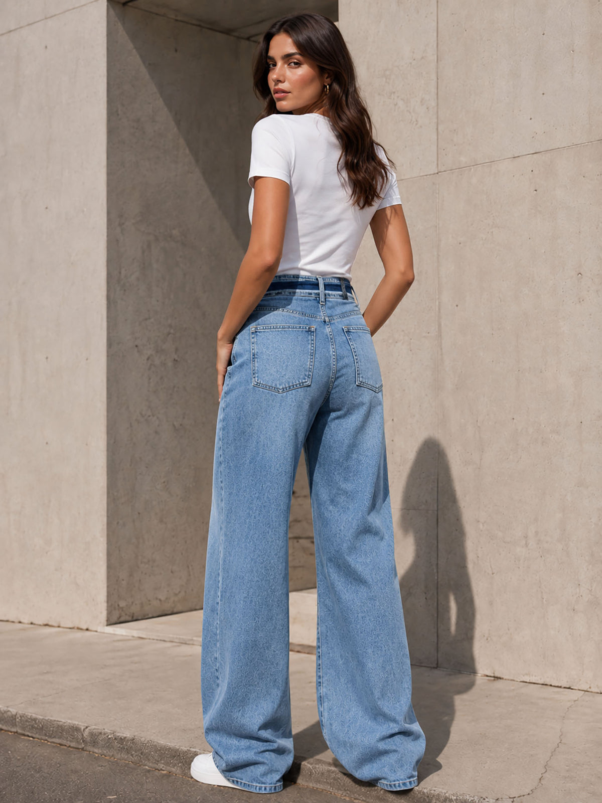 Light Blue Double-Button Belted Wide Leg Jeans