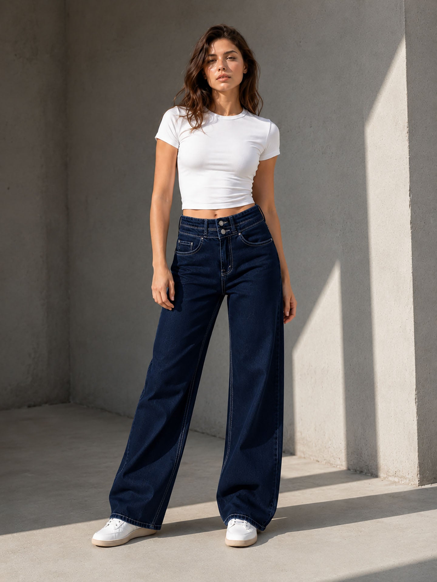 Navy Double Waist Wide Leg Jeans