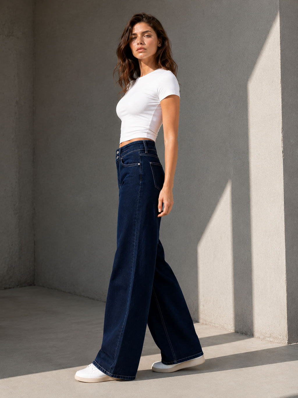 Navy Double Waist Wide Leg Jeans