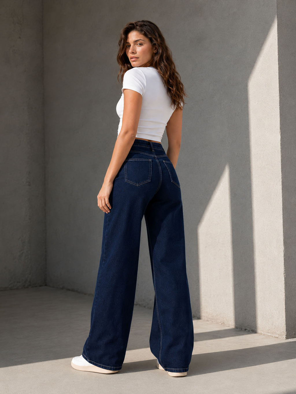 Navy Double Waist Wide Leg Jeans