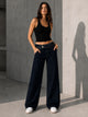 Navy Double-Button Belted Wide Leg Jeans
