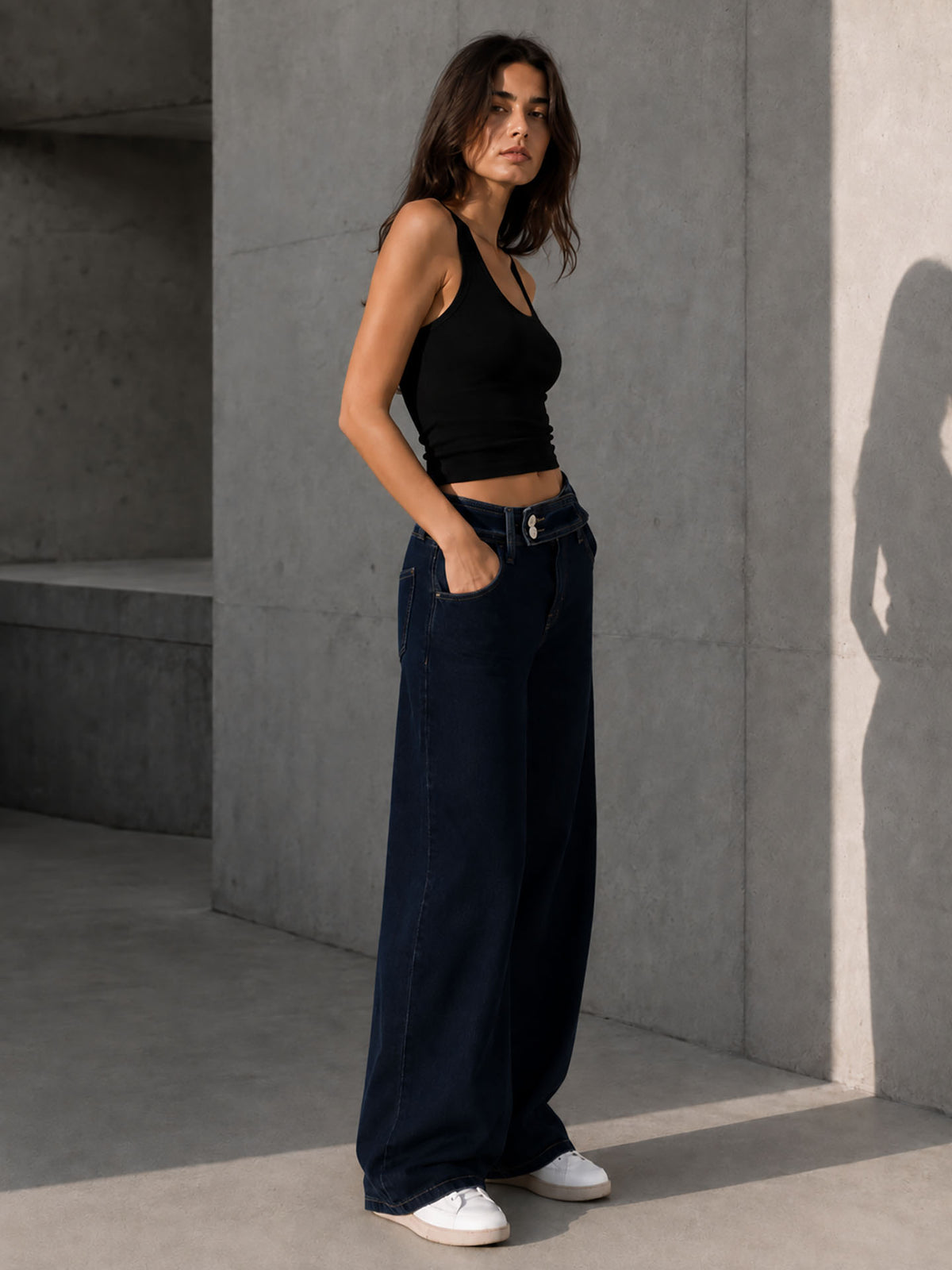 Navy Double-Button Belted Wide Leg Jeans