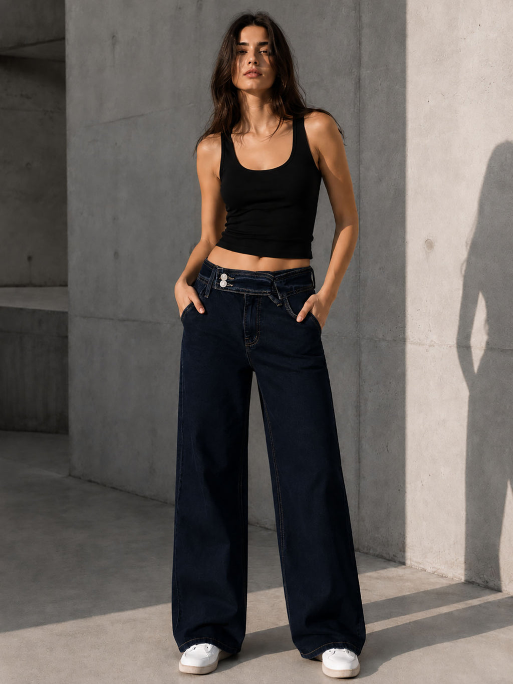 Navy Double-Button Belted Wide Leg Jeans