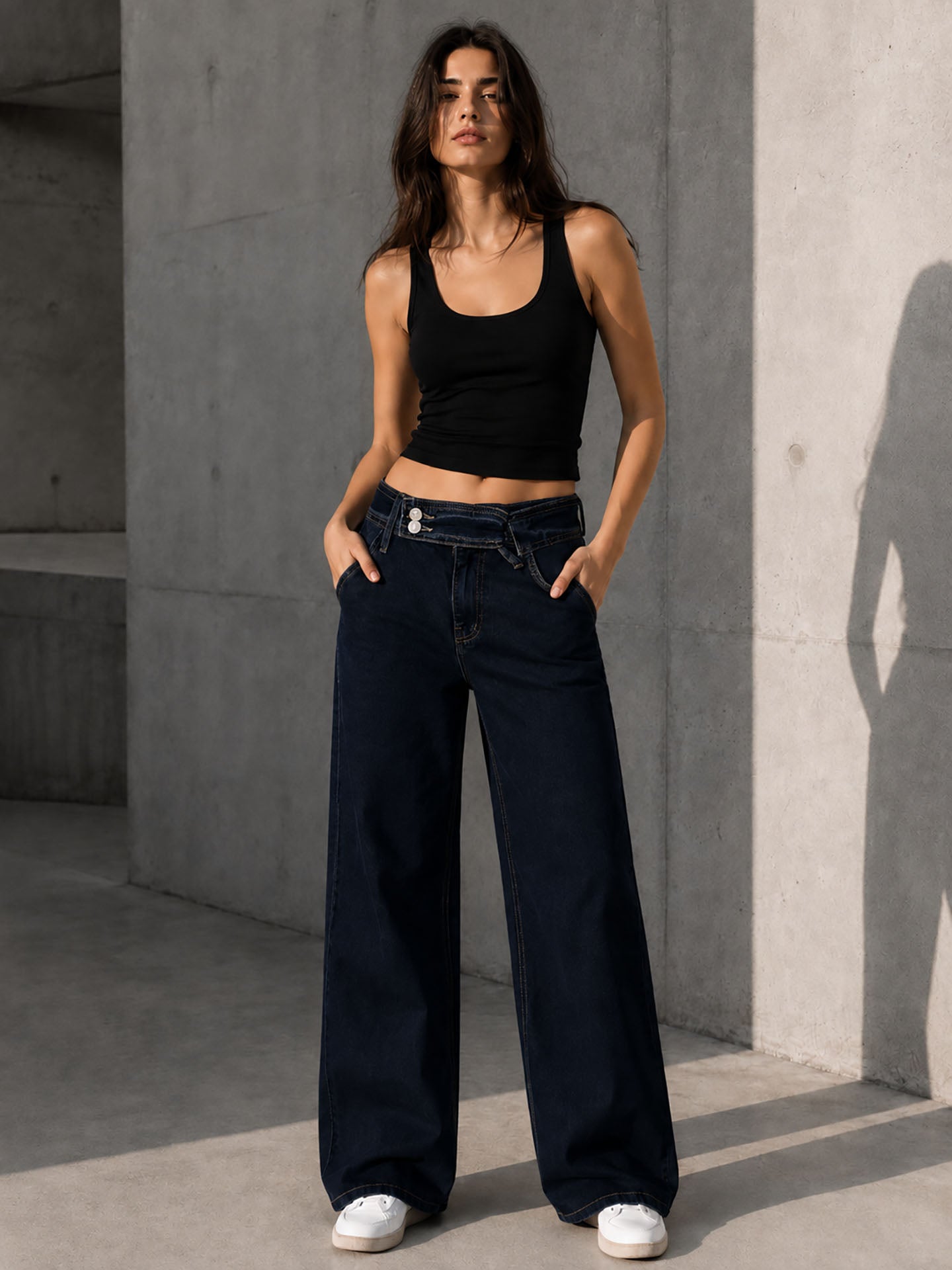 Navy Double-Button Belted Wide Leg Jeans