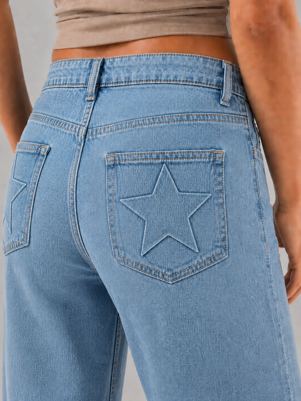 Light Blue High Rise Star Pockets Straight Jeans