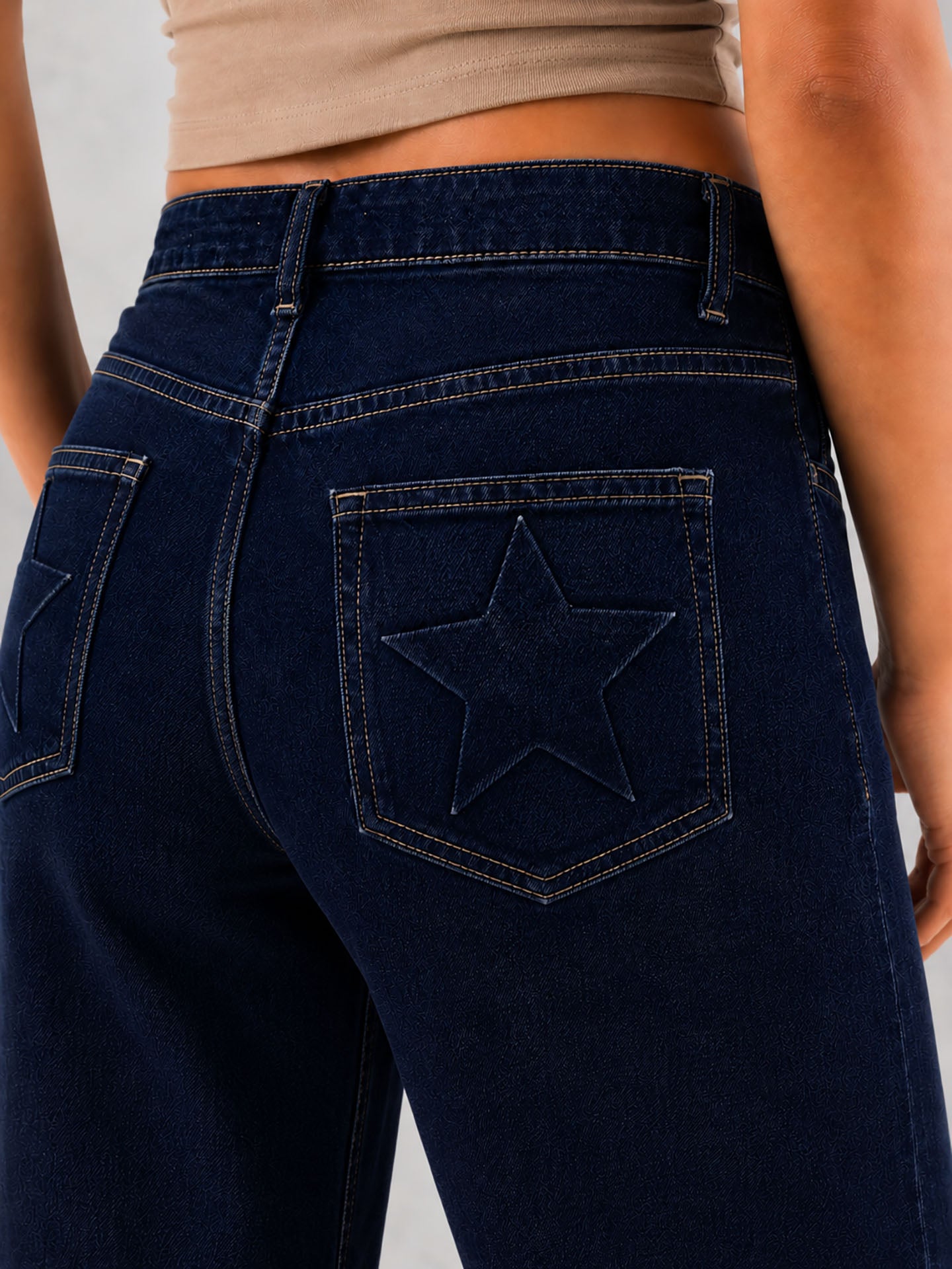 Navy High Rise Star Pockets Straight Jeans