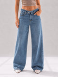 Blue High Rise Folded Waistband Wide Leg Jeans