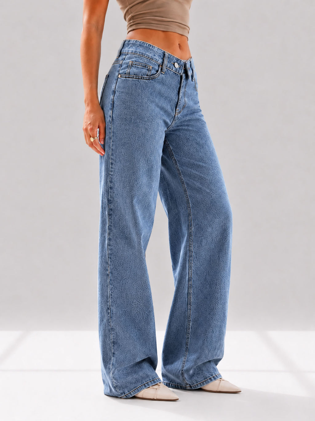 Blue High Rise Folded Waistband Wide Leg Jeans