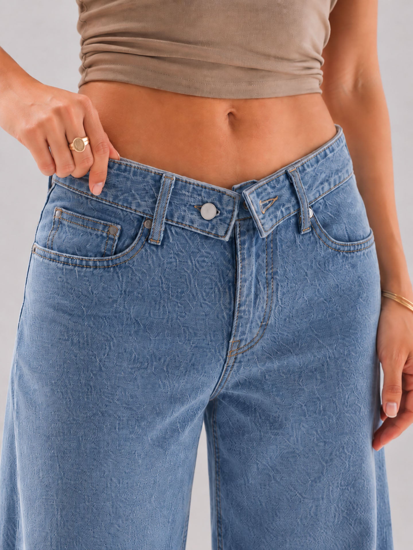 Blue High Rise Folded Waistband Wide Leg Jeans
