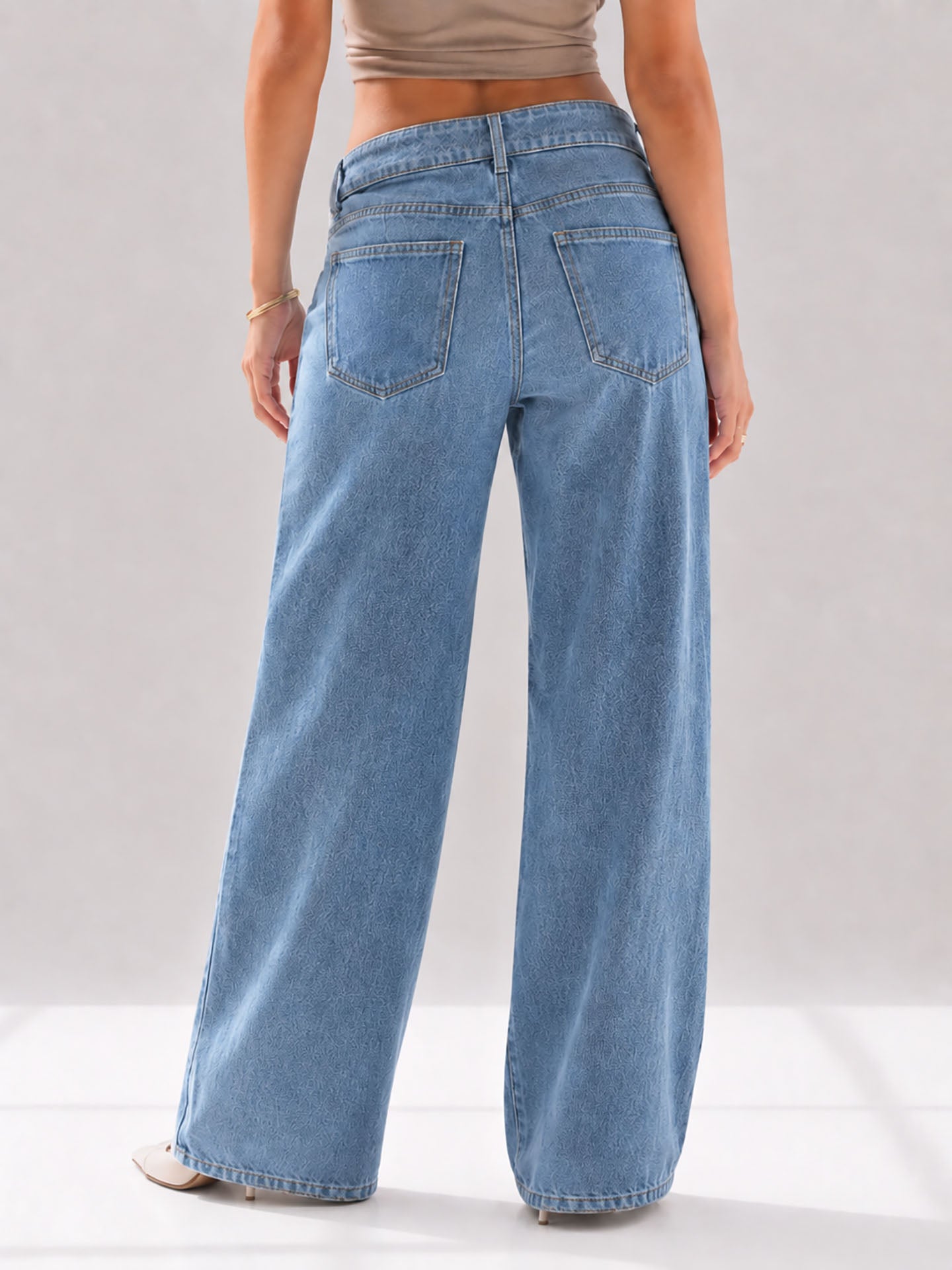 Blue High Rise Folded Waistband Wide Leg Jeans