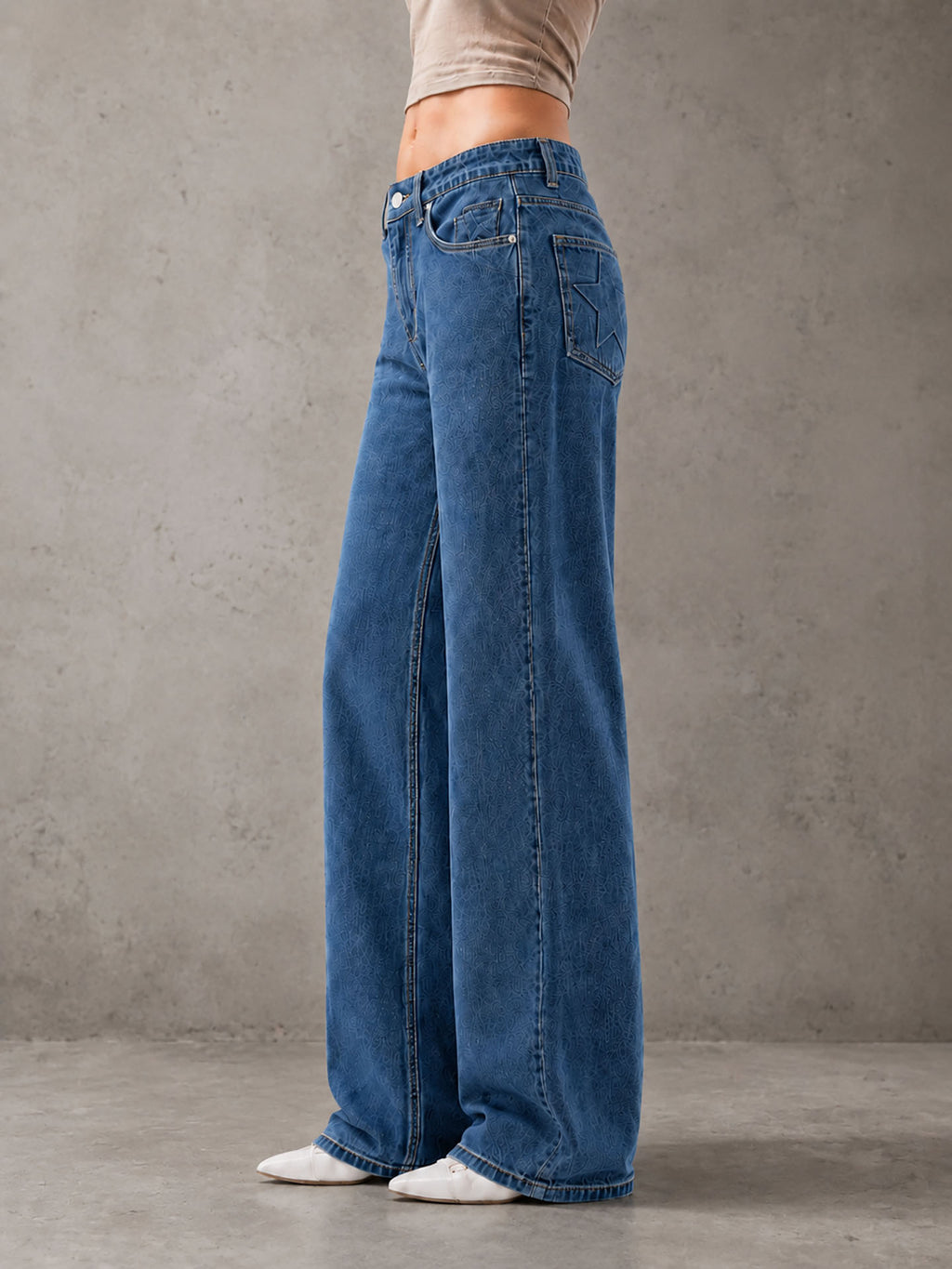 Blue High Rise Folded Waistband Wide Leg Jeans