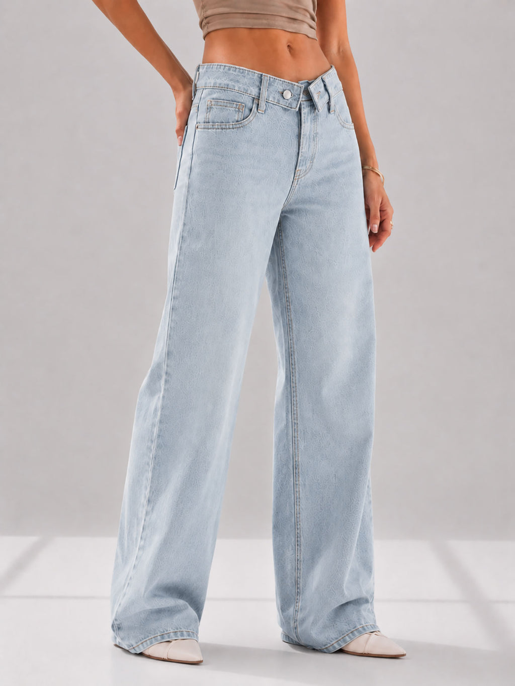 Light Blue High Rise Folded Waistband Wide Leg Jeans