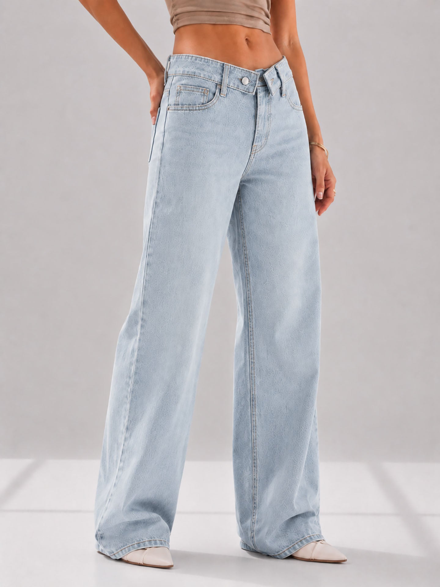 Light Blue High Rise Folded Waistband Wide Leg Jeans